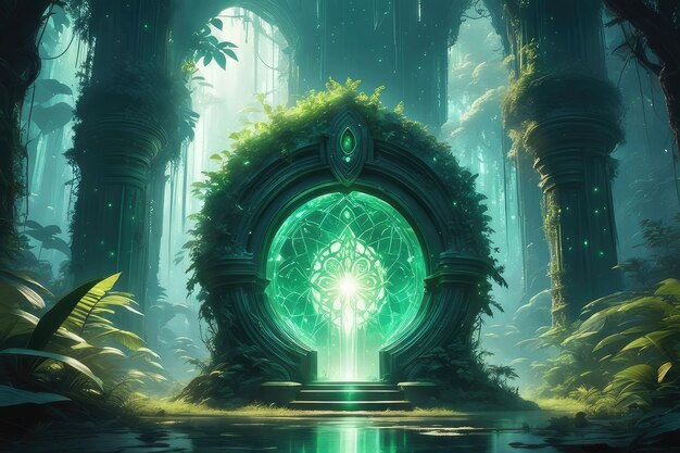 A fantasy green glowing portal in the forest