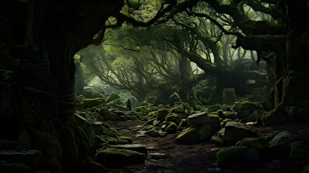 Фантастический зеленый мистический лес Генеративный ИИ