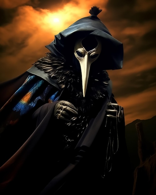 Fantasy grim reaper in beak dark sorcerer Creature in Crow mask V51