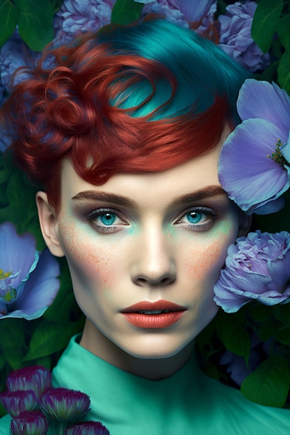 Fantasy hairstyle for short red hair with blue flower decorations Generative AI