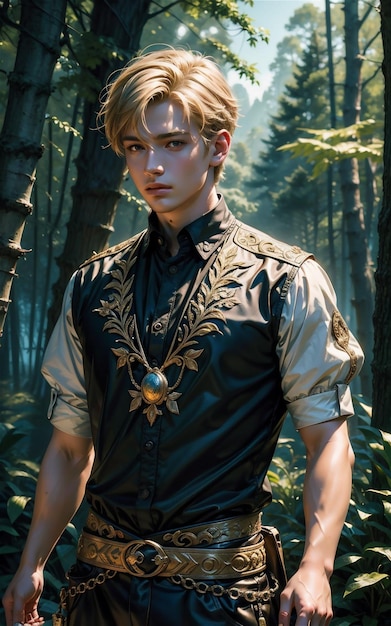 fantasy handsome man Handsome male posing in the forest Handsome medieval boy