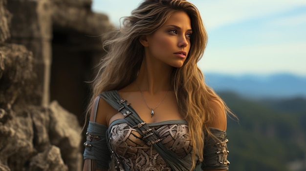 Fantasy heroine in metal armor standing on a rocky cliff