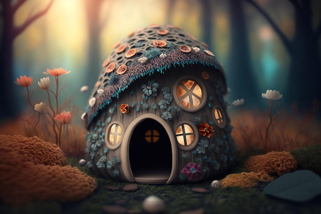 Fantasy home of tiny wood dweller macro view of fairy tale hut generative AI