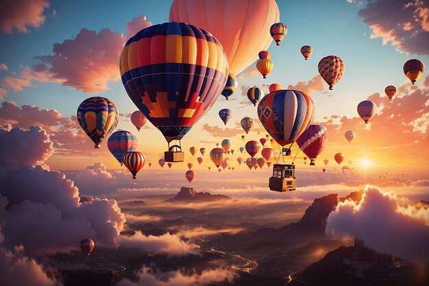 Fantasy hotair balloons at sunset in the sky