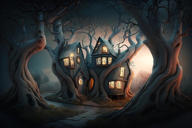 Fantasy house in forest fairytale surreal hut in trunks of trees illustration generative AI