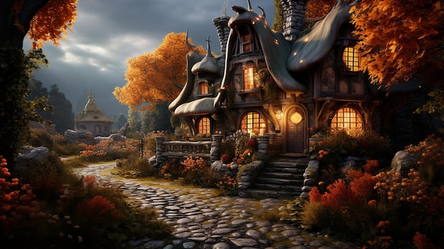 an fantasy house on a hill in halloween time