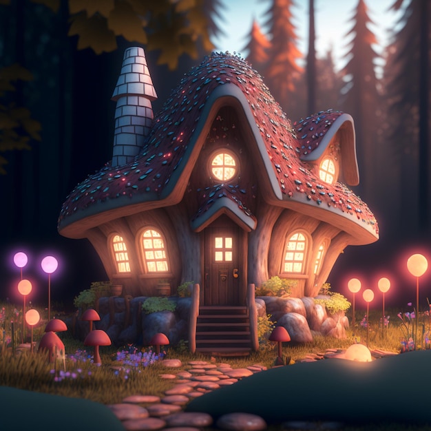 A fantasy house of illuminated mushrooms, a fabulous worl