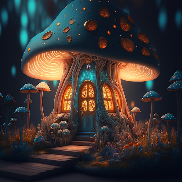 A fantasy house of illuminated mushrooms, a fabulous worl