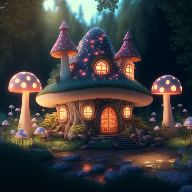 A fantasy house of illuminated mushrooms, a fabulous worl