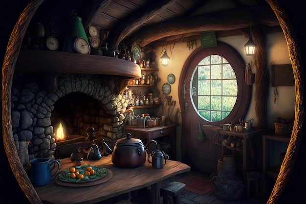 Fantasy house interior in forest lamps and furniture inside of