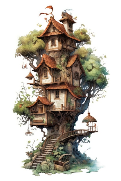 A fantasy house is sitting on top of a tree