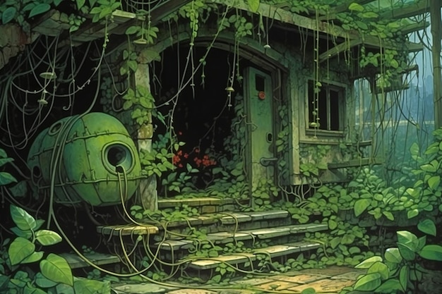 Fantasy house in the jungle with green plants Digital painting