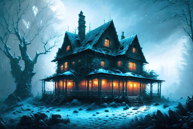 Fantasy house in winter forest old stone shack