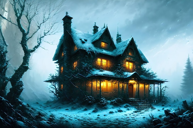 Fantasy house in winter forest old stone shack