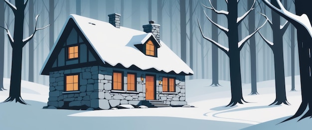 Fantasy house in winter forest old stone shack