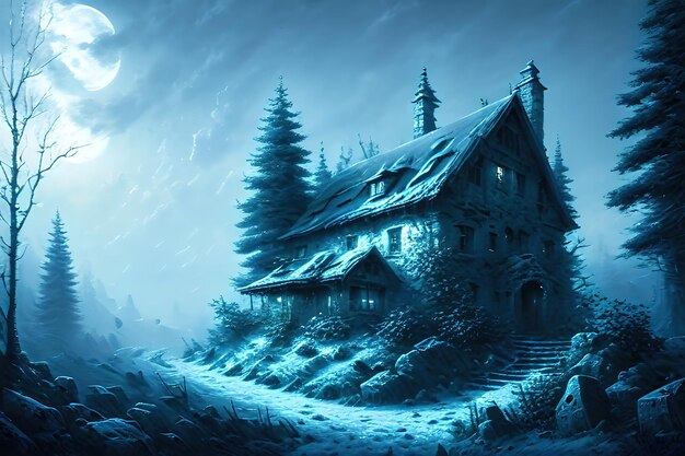 Fantasy house in winter forest old stone shack