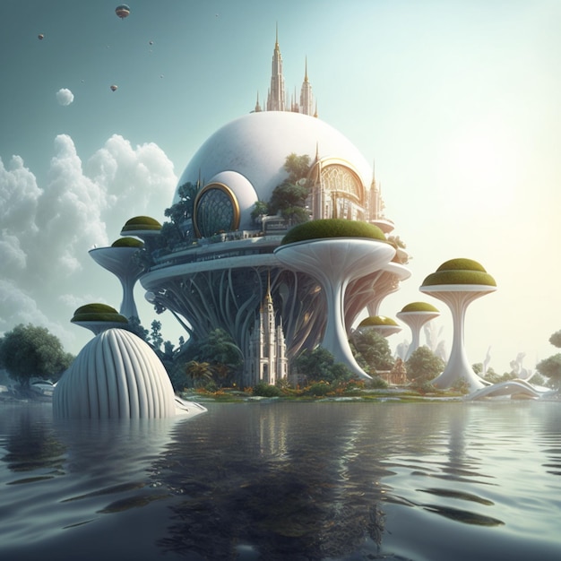 A fantasy house with a mushroom house on the water.