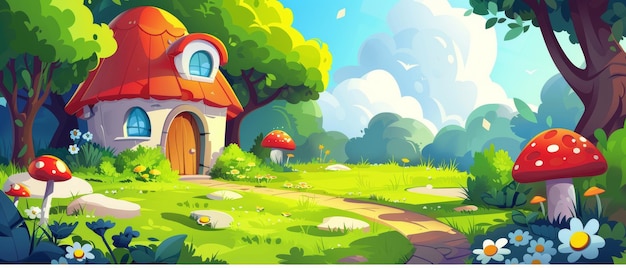 Fantasy house with mushrooms on roof in forest Path leads to fairy elf or animal home in woodland in summer Cartoon modern day landscape with trees bushes and daisies