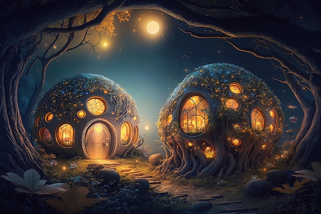 Fantasy houses in forest fairytale overgrown huts at night illustration generative AI
