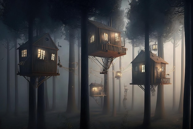 Фантастические дома в туманных лесных сказочных хижинах на деревьях иллюстрации генеративный AI