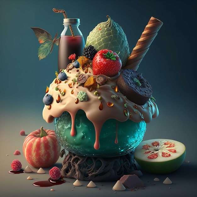 Photo fantasy ice cream with topping and fruits