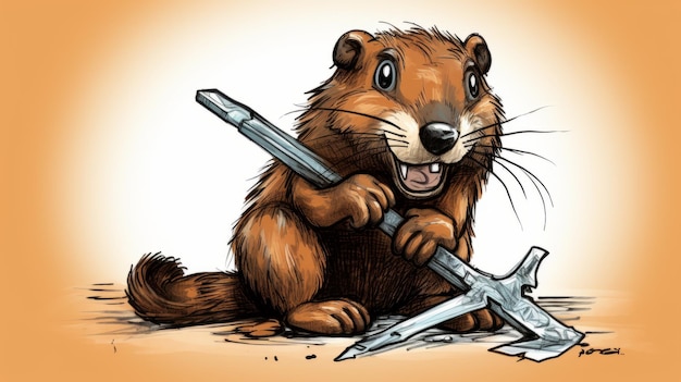 Fantasy Illustrated Cartoon Beaver With A Machete Honing His Teeth