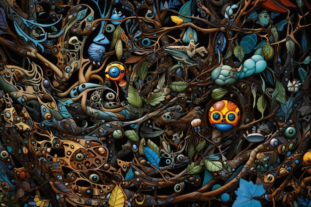 Fantasy-illustratie van een groep kleurrijke fantasy-insecten in een boom