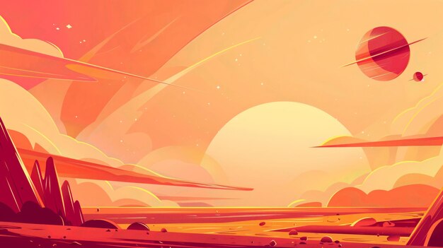 Fantasy illustration of an alien landscape with a giant sun and ringed planet