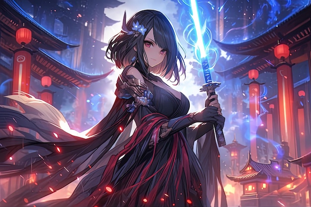 Fantasy Illustration of a Anime girl in a kimono playing the katana sword AI Generative Premium AI generated image