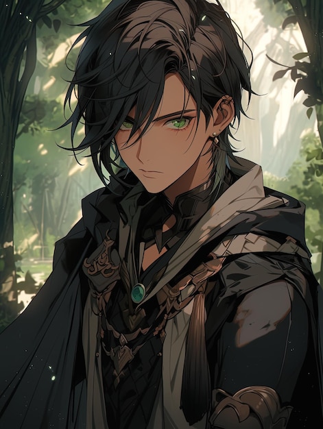 fantasy illustration of a anime manga character in a dark forest with a hood ai generative