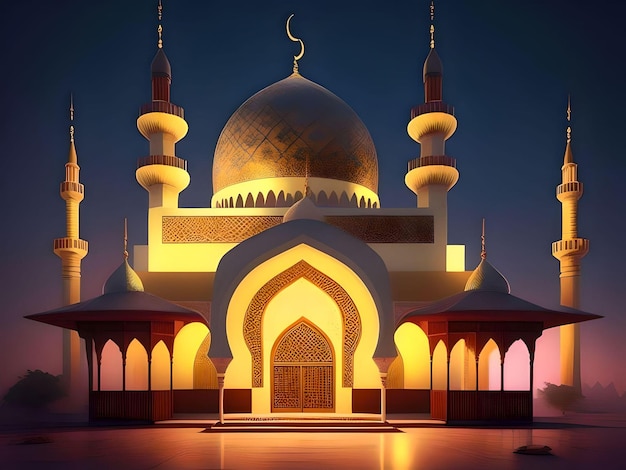 fantasy illustration of a beautiful detailed Muslim mosque at night