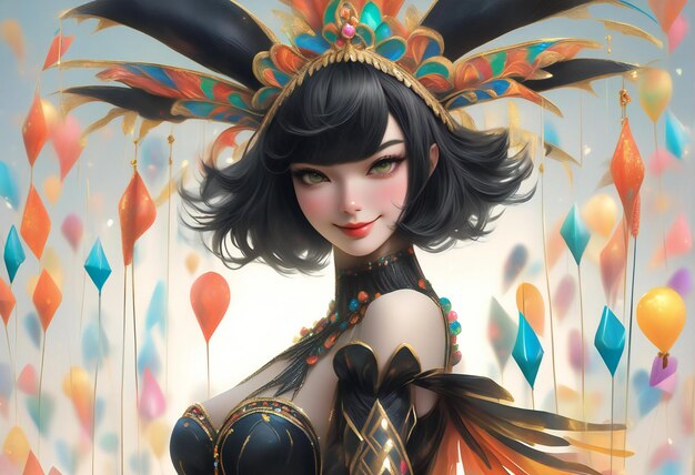 Photo fantasy illustration of a beautiful girl in a carnival costume