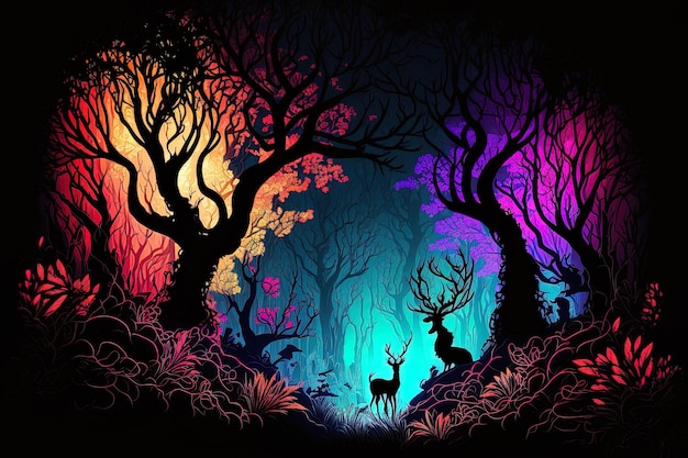 Foto illustrazione fantasy di un bosco illuminato al neon colorato e brillante che ricorda una fiaba