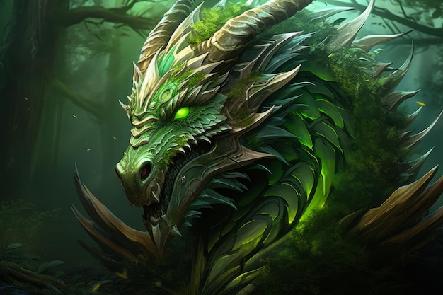 Fantasy illustration of a green dragon with glowing eyes lurking in a mystical forest The concept of the Wooden Green Dragon year 2024