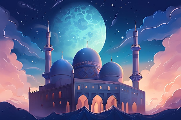 A fantasy illustration of a mosque with a moon in the background generative ai