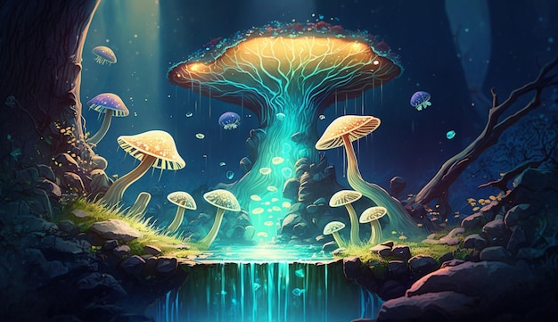 A fantasy illustration of a mushroom with a tree on it