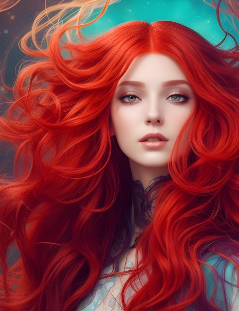 Фантастическая иллюстрация таинственной красивой женщины с длинными рыжими волосами и птицей цветом