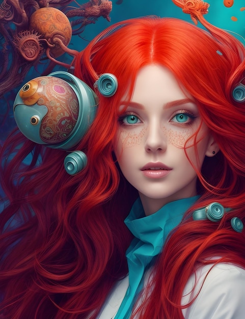 Fantasy Illustration of a Mysterious beautiful woman with Long Red Hair and a Bird a Flower