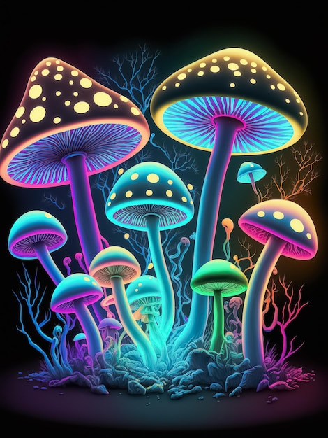 네온 색상 빛나는 마법의 버섯에 대한 판타지 그림 사이키델릭 배경 Generative AI