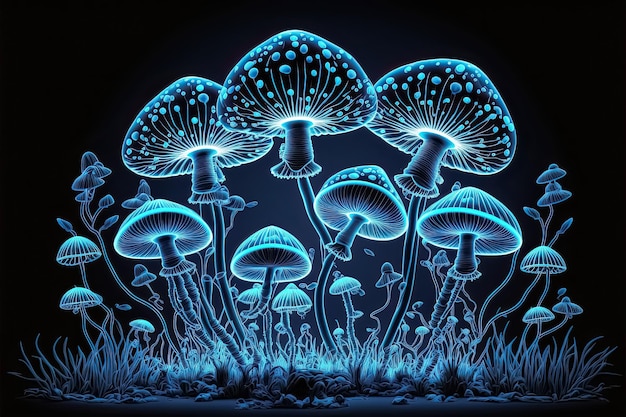 Fantasy illustration of neon color glowing magic mushrooms