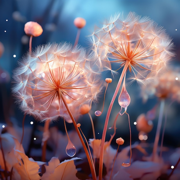 Foto fantasy illustration of delicate dandelions with glowing seeds against a dreamy night sky