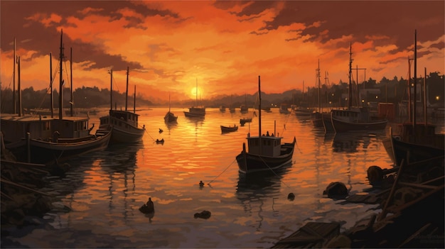 Фантастическая иллюстрация старого корабля, плавающего по реке при заходе солнца