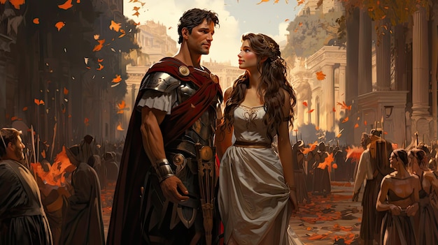 Fantasy illustration of a roman knight and a beautiful woman in love