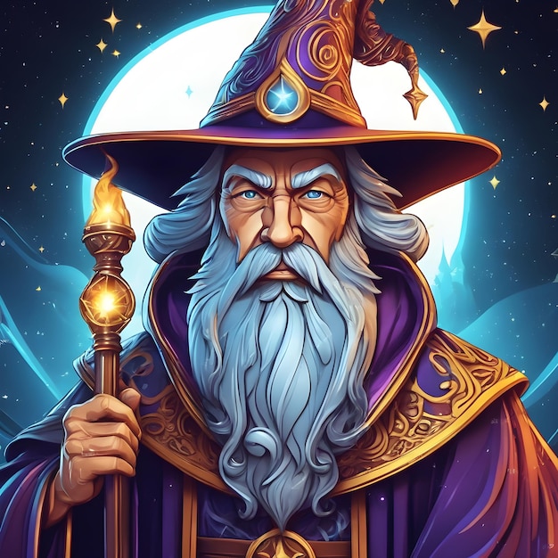 Fantasy illustration of a wizard with a magic wand in his hand