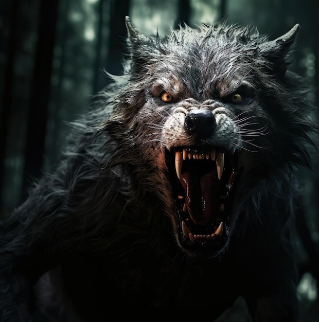 A Fantasy illustration of wolf with a werewolf creature