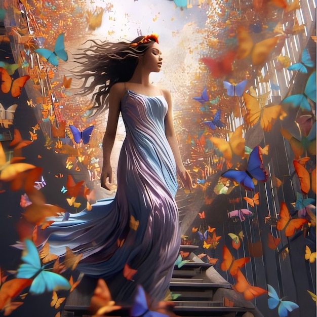 Fantasy image of a beautiful girl in a long dress surrounded by butterflies