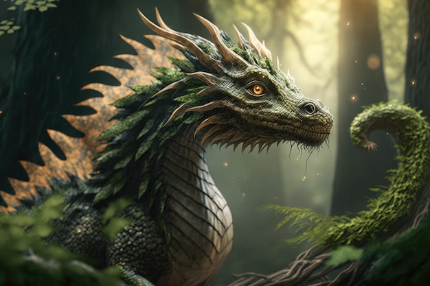 Фантастический образ лесного дракона в виде маленького динозавра, созданный с помощью генеративного ИИ