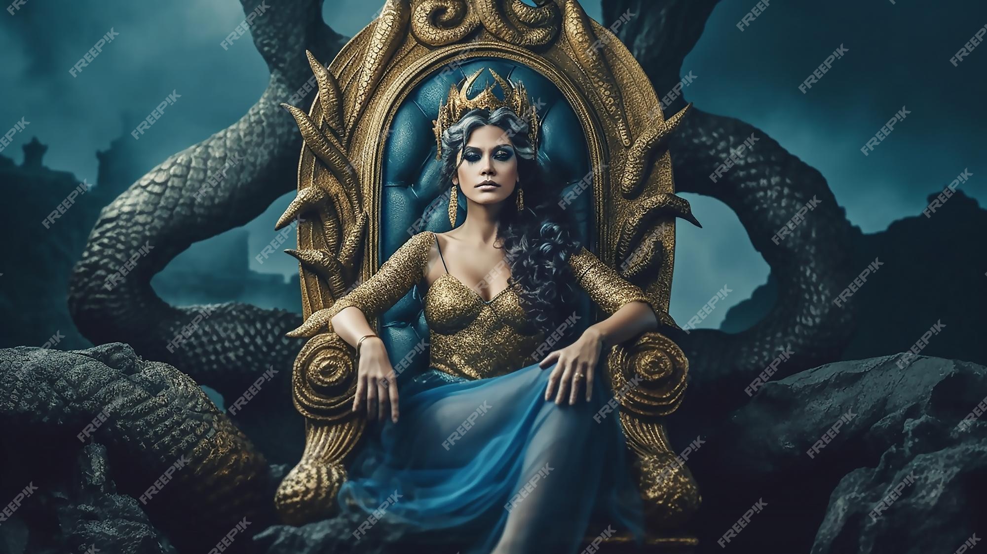 Fantasy image of the Greek goddess on the throne. Gorgon Medusa Stock  Illustration