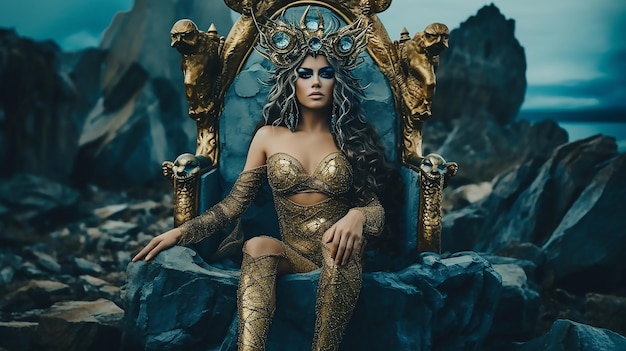 Фантастический образ греческой богини на троне Медузы Горгоны