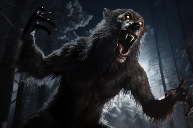 Fantasy image of a werewolf in a dark forest Halloween